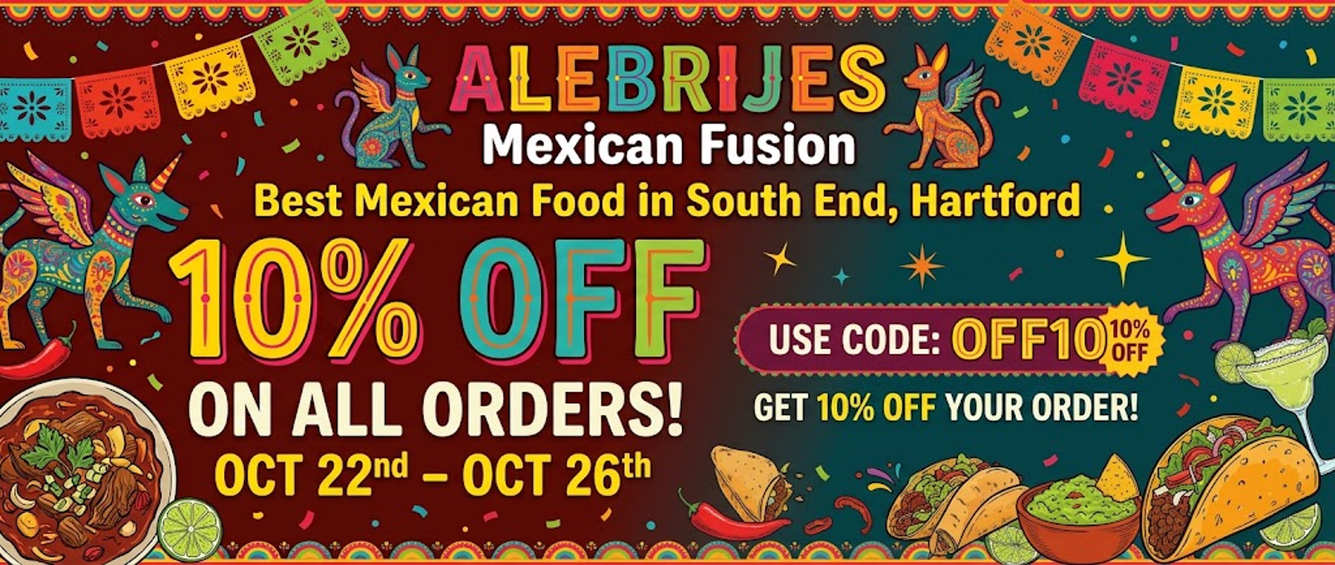 Get 10% Off All Orders at Alebrijes Mexican Fusion!